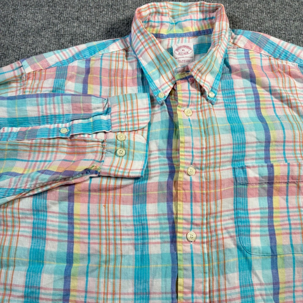Brooks Brothers Irish Linen Shirt Mens XL Multi Plaid Button Down Long Sleeve